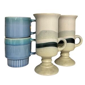 2 Sets of blue ceramic mugs Vintage costal cottage coffee tea